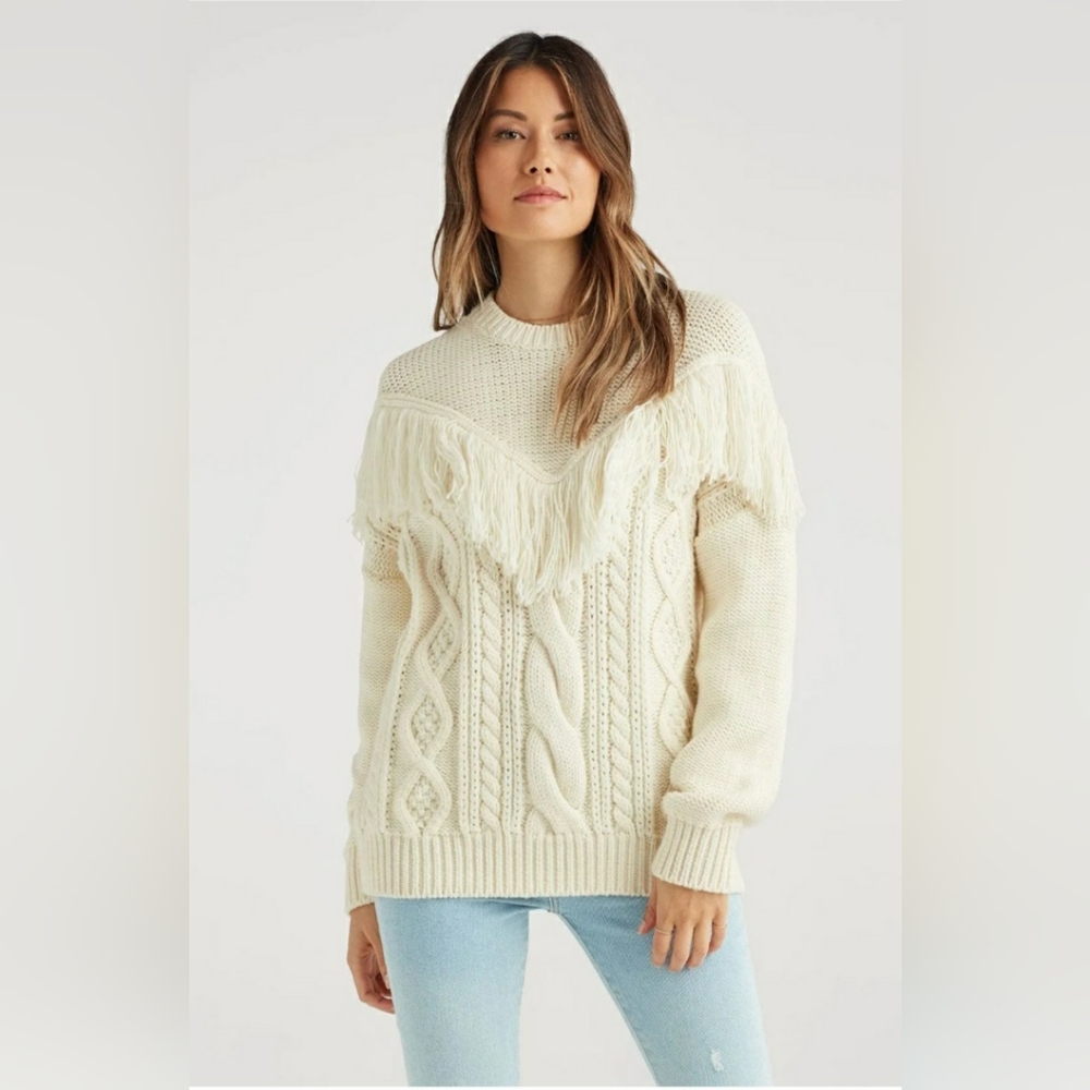 7 For All Mankind Fringed 100% Wool Long Sleeve Sweater in Champagne Size XS